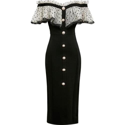 PERHAPS U Women Black Mesh Slash Neck Button Ruffle Patchwork Knee Length Sweet Dress Off Shoulder D2232