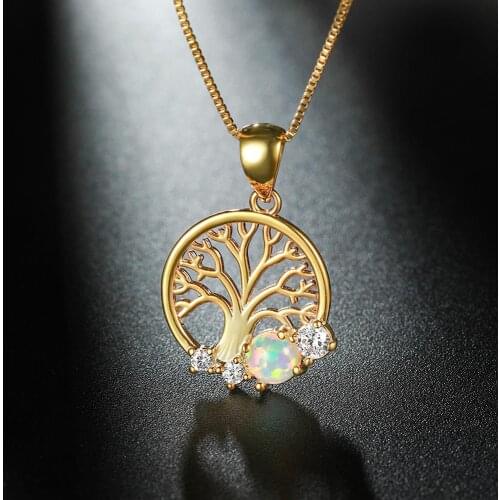 RongXing Cute Life Tree Pendant White Fire Opal Necklaces For Women Yellow Rose Gold Chain Wedding Necklace Round Choker Jewelry
