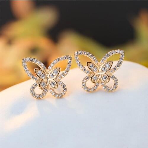 White Zircon Stone Cute Butterfly Stud Earrings For Women Wedding Jewelry Vintage Fashion Rose Gold Silver Color Animal Earrings