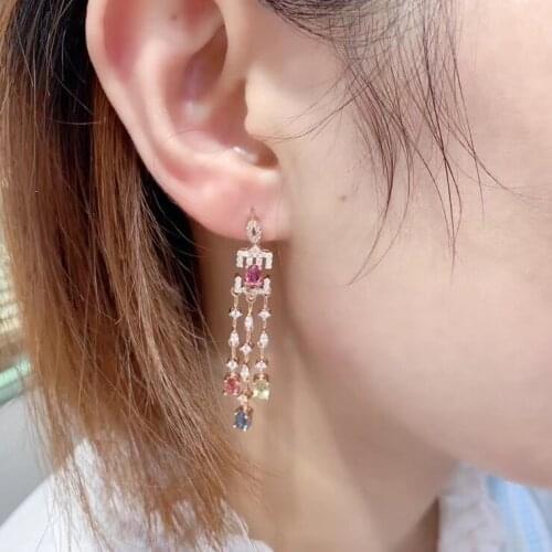 Fashion long tassels natural Multicolor tourmaline drop earrings Natural gemstone earrings 925 silver female party jewelry