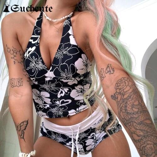 SUCHCUTE Floral Print 90s Halter Tops For Women Summer Streetwear Skinny Female Crop Tops Harajuku Slim Outfits V-Neck Camisole