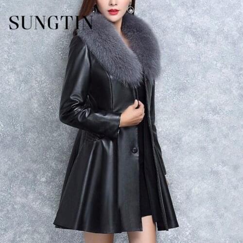 Sungtin 7XL Plus Size Red Black Pu Leather Jacket Women Winter High Quality Faux Fur Collar Removable Fashion Long Trench Coats