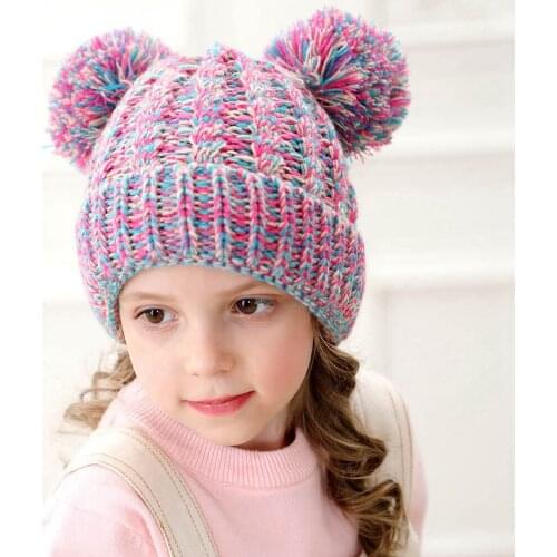Girls warm knitted hat Winter pom pom hat for kids Baby crochet hat Winter knitted hats Solid Warm Cute Lovely Beanies H198D