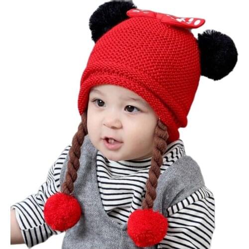 Korean Two wigs wool Winter hats Baby Child knitted hat Bowknot fur ball kids girls Earflap Caps Age for 6 months to 2 years old