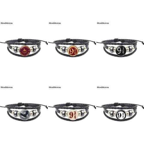 Mendittorosa Vintage Fashion Glass Black Leather Bracelet Bangles Jewelry Handmade For Girl Platform 9 34 Hogwart Express
