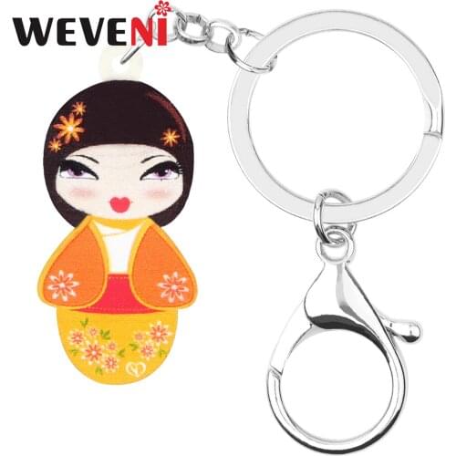 WEVENI Acrylic Yellow Japanese Doll Keychains Keyring Sweet Girls Key Chain Jewelry For Women Kids Teens Gift Wallet Accessories