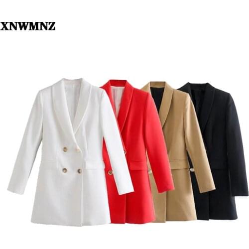 XNWMNZ 2021 Women Fashion long double-breasted blazer Coat Vintage Long Sleeve Pockets Female Outerwear Chic Veste Femme Jackets