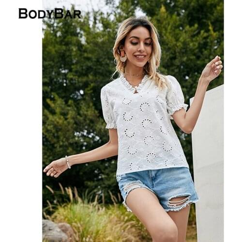 Office V Collar Vintage Women Hollow Out Blouse Puff Short Sleeves Shirts Elegant Cropped Tops Sexy Sweet Cute Blusas Streetwear