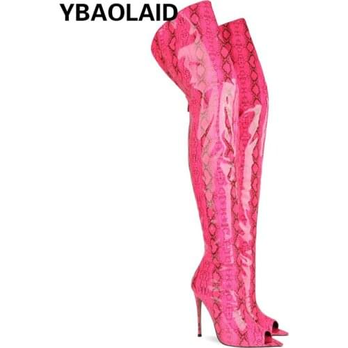 Spring and Summer New Pointed Fish Mouth Snake Print Over The Knee Boots 2021 Fashion Open Toe Back Zipper Stiletto Sandals