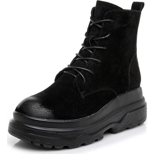 Women Genuine Leather Warm Winter Boot Casual Lace up Ladies Ankle Boots 2019 Winter Thick Sole Platform Boots Women Ankle Boot