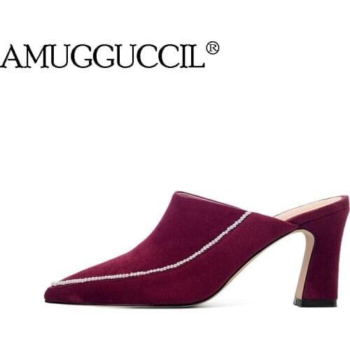 2020 New Plus Big size 34-43 Black Red Apricot Purple Wine-red Sexy High Heel Lady Women Mules Shoes Summer Pumps Slippers D1359