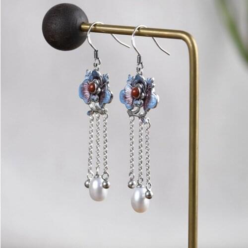 2020 new 100% real S925 silver burnt blue earrings for women Thai silver cloisonne tassels pearl silver woman earrings