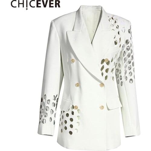 CHICEVER Hole Blazers For Women Notched Collar Long Sleeve Hollow Out Designer Patchwork Pockets Coats Female 2021 Fall Clothing