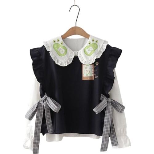 Women Sets White Peter Pan Collar Petal Sleeve Cartoon Print Blouse And Ruffles Patchwork Sleeveless Vest Two Piece Set Clothes