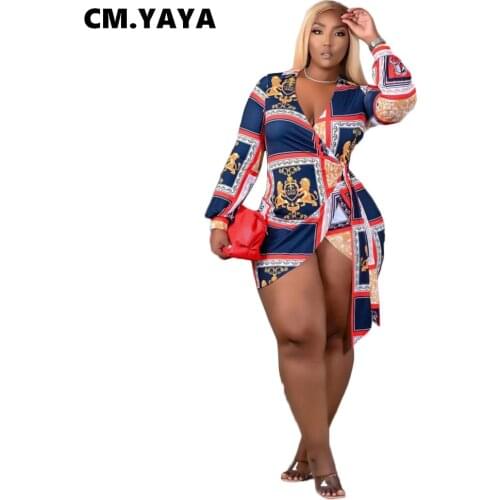 CM.YAYA Women Dress Print Full Sleeve V-neck Bandage Sashes Fit and Flare Mini Dresses Sexy Fashion Streetwear Summer Outfits