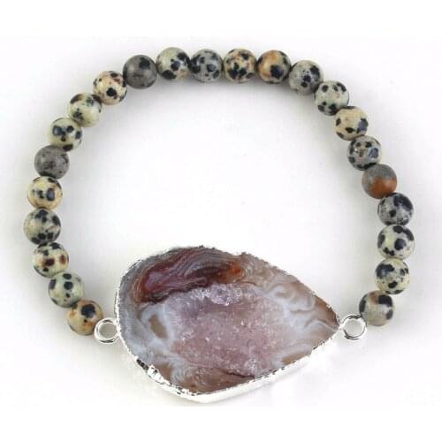 100-Unique 1 Pcs Silver Plated Irregular Shape Agates with Spotted Sone Round Beads Handmade Bracelets