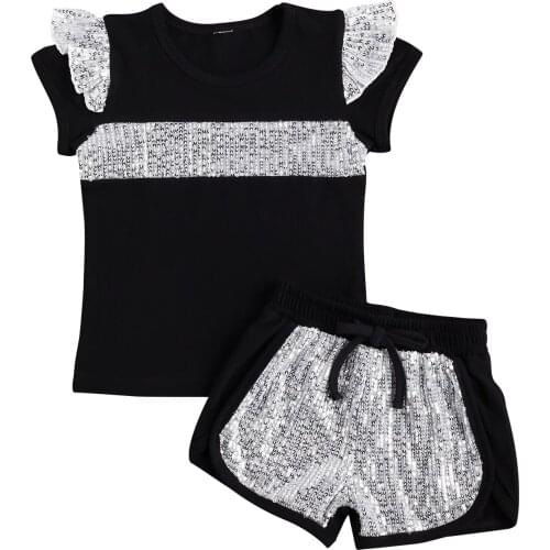 2-7Years Summer Girls Clothes 2 Pcs Set Patchwork Sequins Short Ruffles Sleeve Crew Neck Top and Short Pants with Drawstring