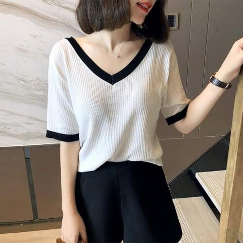2021 Summer Women V-Neck Preppy Striped Knitted Chic Shirt Sweet Lady Elastic Slim High Waist Ruffles Blouse Sexy Crop Tube Tops
