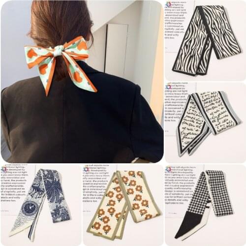 2021 Fashion Printing Chiffon Grace Long Ribbon Bow Lady Headdress Scrunchie Ponytail Holder Tie Women Silk Scarves Hair Band