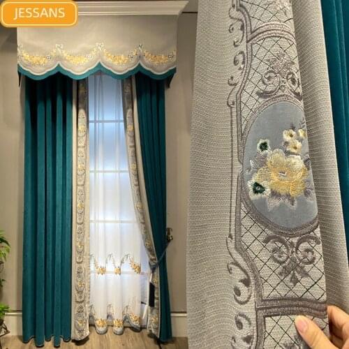American Curtains for Living Dining Room Bedroom Light Luxury Romantic French New Chinese Style Room Blue Embroidered Stitching
