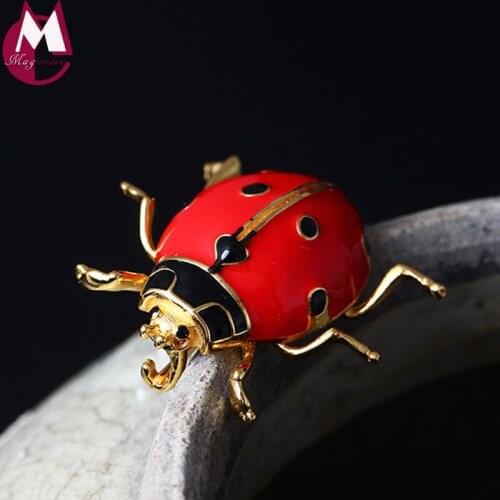 Men Women Enamel Red Seven-star Ladybug Lovely Insect Brooch Scarf Jewelry Clips Pins Real 925 Sterling Silver Wedding Gift YX08
