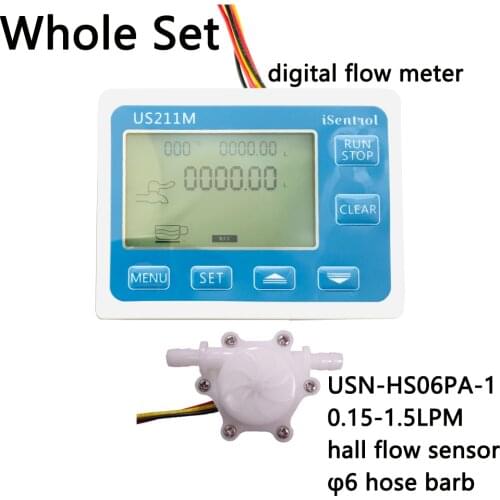 US211M Digital flow Display with USN-HS06PA-1 Flow Sensor turbine meter Measurement 0.15-1.5L/min Range 6mm OD hose barb iSentro