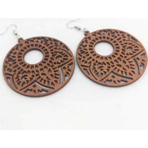 12 Pairs Good Quality Wood Earrings Organic brown Hollow African Woman Wooden Brincos Pendant 6cm/2.4'' E355