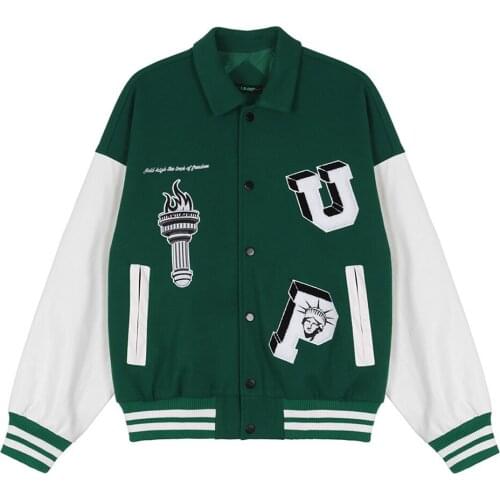 Torch Letter Embroidery Baseball Men 2021 PU Leather Patchwork Sleeve Hip Hop Baseball Loose Cardigan Coat Dark Green