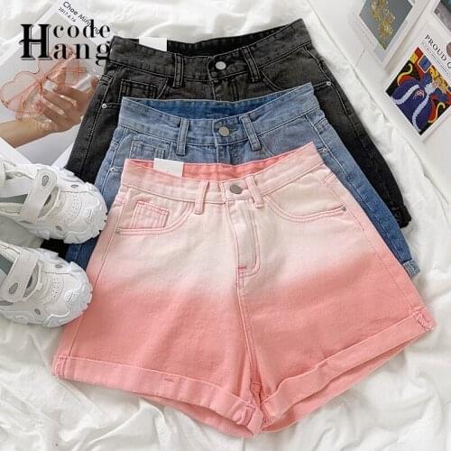 HangCode Ins Fashion Washed Gradient Denim Shorts Casual All Match High Waist Women Jeans Shorts Korean Girl Pink Short Pants