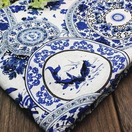 One Yard 150cm Width Graceful Traditional Blue Porcelain Circle Flowers Printed Cotton Linen Fabric For DIY Sewing Decoration