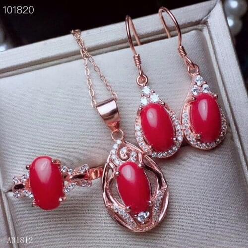 KJJEAXCMY Boutique jewelry 925 sterling silver inlaid natural Red Coral Pendant + Necklace Ring Earring suit support detection