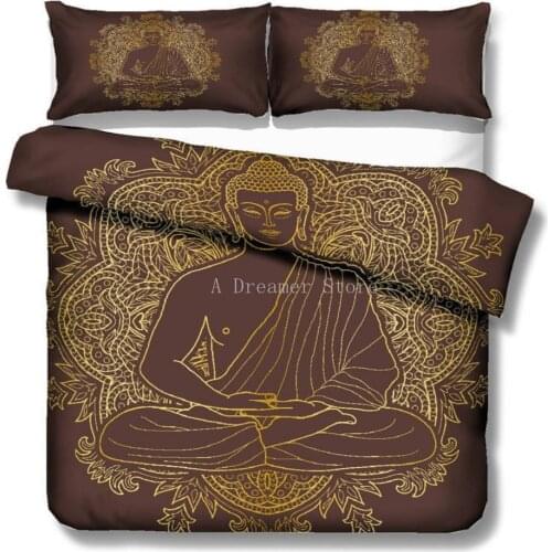 Buddha statue Printed Bedding Set for Adults Bohemia Duvet Cover Bed Set 3D Quilt King Size Golden Bedclothes Home Textiles
