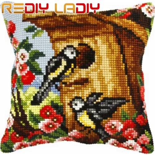 Cross Stitch Cushion Cover Birds Flowers Pillow Chunky Cross-Stitch Cushion 100% Acrylic Yarn Pillow Case Home Decor Needlework