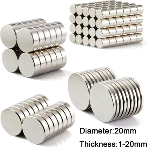 10pcs 20mm Diameter Round Rare Earth Magnets 1/2/2.5/3/5mm Thick Neodymium Strong Crafts Permanent Magnet N35