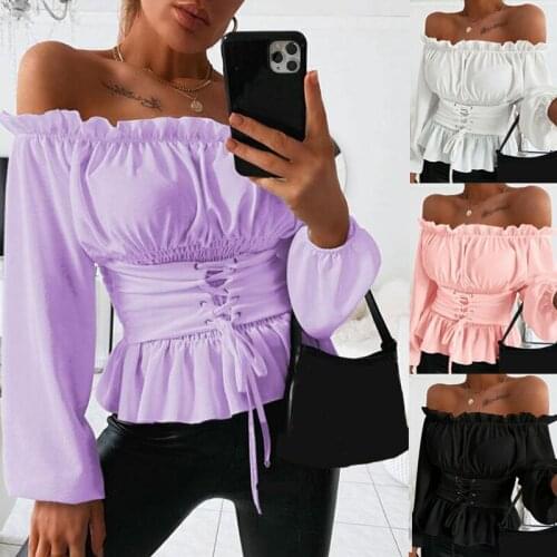 Fashion Women Off Shoulder Tee Shirts Sexy Ruffles Long Sleeve Office Shirts Casual womens Lace Up T-Shirts For Lady Tops Tees