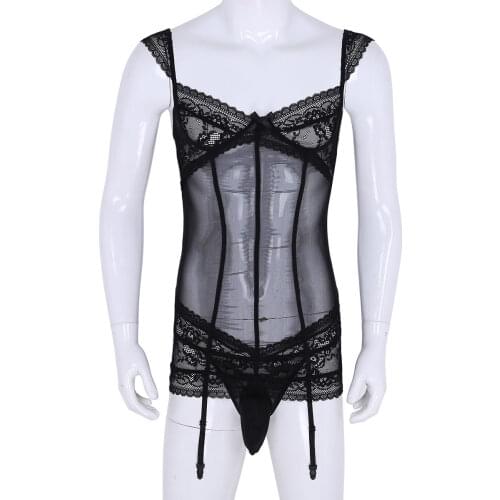 Mens Crossdress Garters Lingerie Set Sexy Mesh Adjustable Straps Floral Lace Sissy Garters Mini Dress with G-string Thong Underw