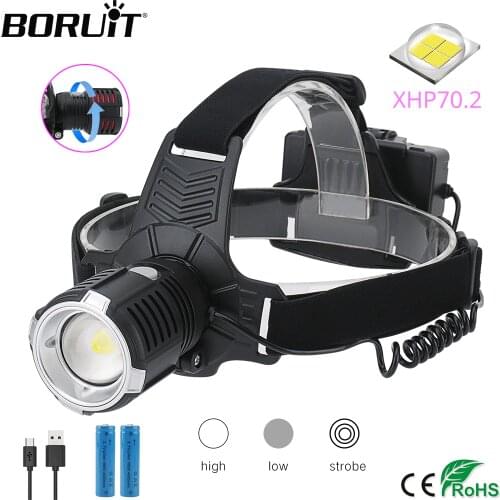 BORUiT XHP70.2 LED Powerful Headlamp 4000LM 3-Mode Zoom Headlight Rechargeable 18650 Waterproof Head Torch for Camping Hunting
