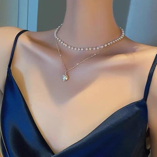 2021 New Fashion Kpop Pearl Choker Necklace Cute Double Layer Chain Pendant For Women Jewelry Girl Gift