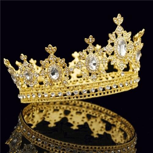 Gold Crystal Royal Queen King Tiara Crown for Bridal Wedding Hair Jewelry Metal Clear Crystal Round Diadem Head Accessories