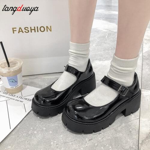 High Heels Shoes Women Pumps Platform Shoes Fashion Mary Jane Shoes Lolita shoes Black Leather Woman Round Toe Student Mujer