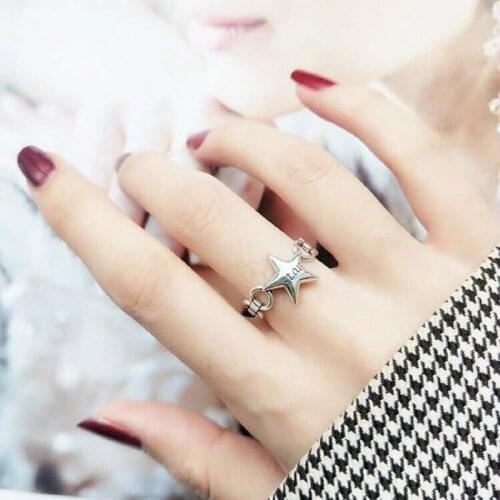 Vintage S925 Sterling Thai Silver 925 Original Luxury Love Open Ended Rings Resizable Korean Style Star Hollow Cross Chain Ring