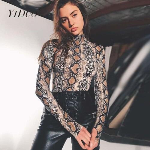 YiDuo Sexy Snake Print Bodycon Bodysuit New Spring Women Long Sleeve Turtleneck Skinny Body Suit Short Jumpsuits Club Streetwear