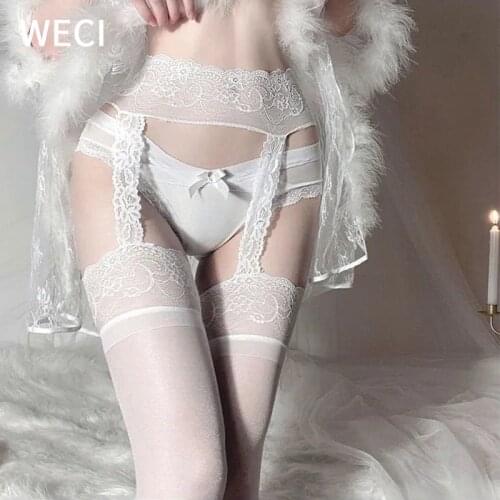 WECI Womens White Lace Sexy Garter Belt Thigh High Stockings Silk Thin Open Crotch Pantyhose Erotic Hollow Out Tights Over Knee