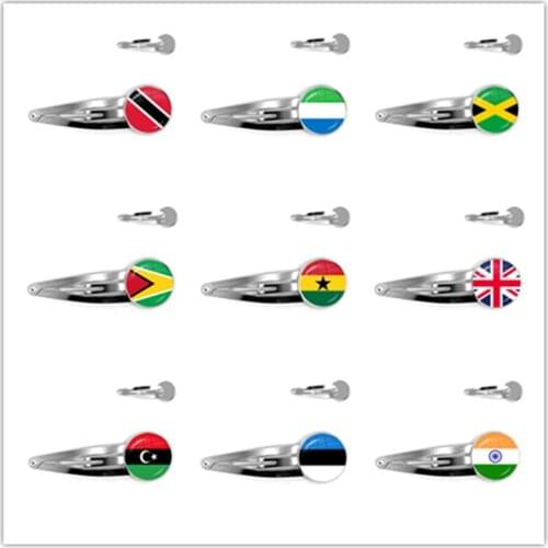 Trinidad,Sierra leone,Jamaica,Guyana,Ghana,UK,Libya,Estonia,India National Flag 20mm Glass Cabochon Hair Pins For Women Girls