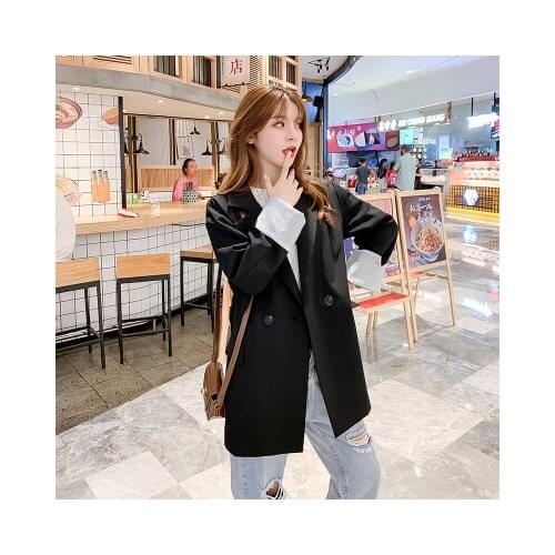 2021 Autumn Spring Female Black Chic Suit Coat Black Casual Clothes Double Breasted Pockets Women Blazers And Jackets Coats