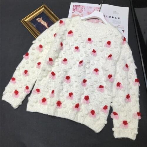 2020 New Fall Winter Loose Sweater Women O-Neck Handmade Woolen Ball Flowers Long Sleeve Casual Pullovers Knitwear Jumper Female