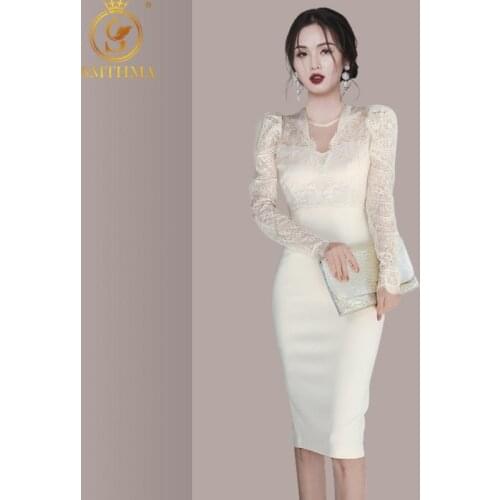 SMTHMA Elegant Patchwork Lace Womens Dresses V Neck Long Sleeve High Waist White Female Fashion New Clothing