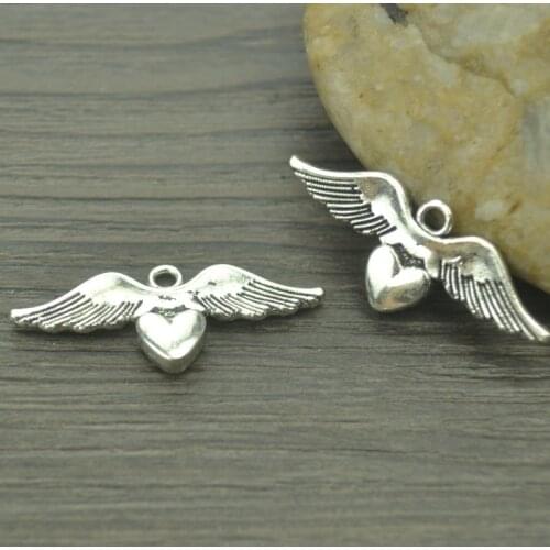 15 pcs/lot Heart wings Antique Silver Plated Bracelets Charm Pendants Fashion Jewelry Making Findings DIY Charms Handmade D407