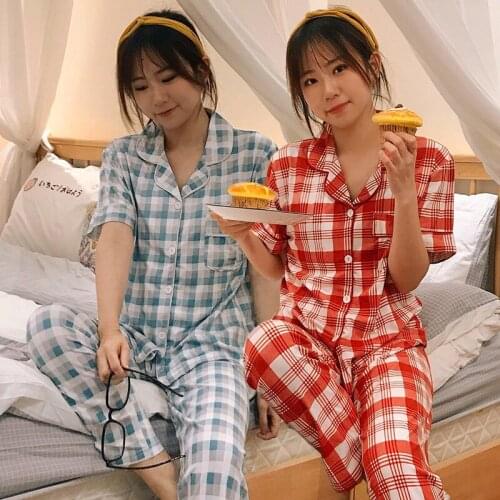 2020 Summer Short Sleeve Long Pants Pajama Sets for Women Casual Plaid Sleepwear Suit Pyjamas Homewear Pijama Mujer Home Clothes