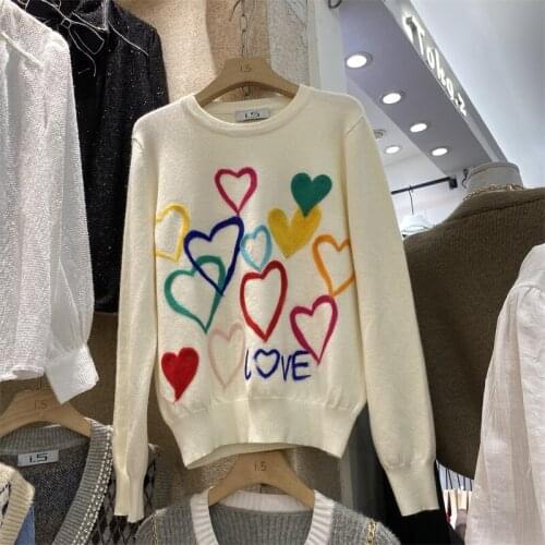 2021 Spring Women Lovely Sweater O-Neck Colorful Candy Color Heart Embroidery Knitwear Slim All-Match Pullover Femme